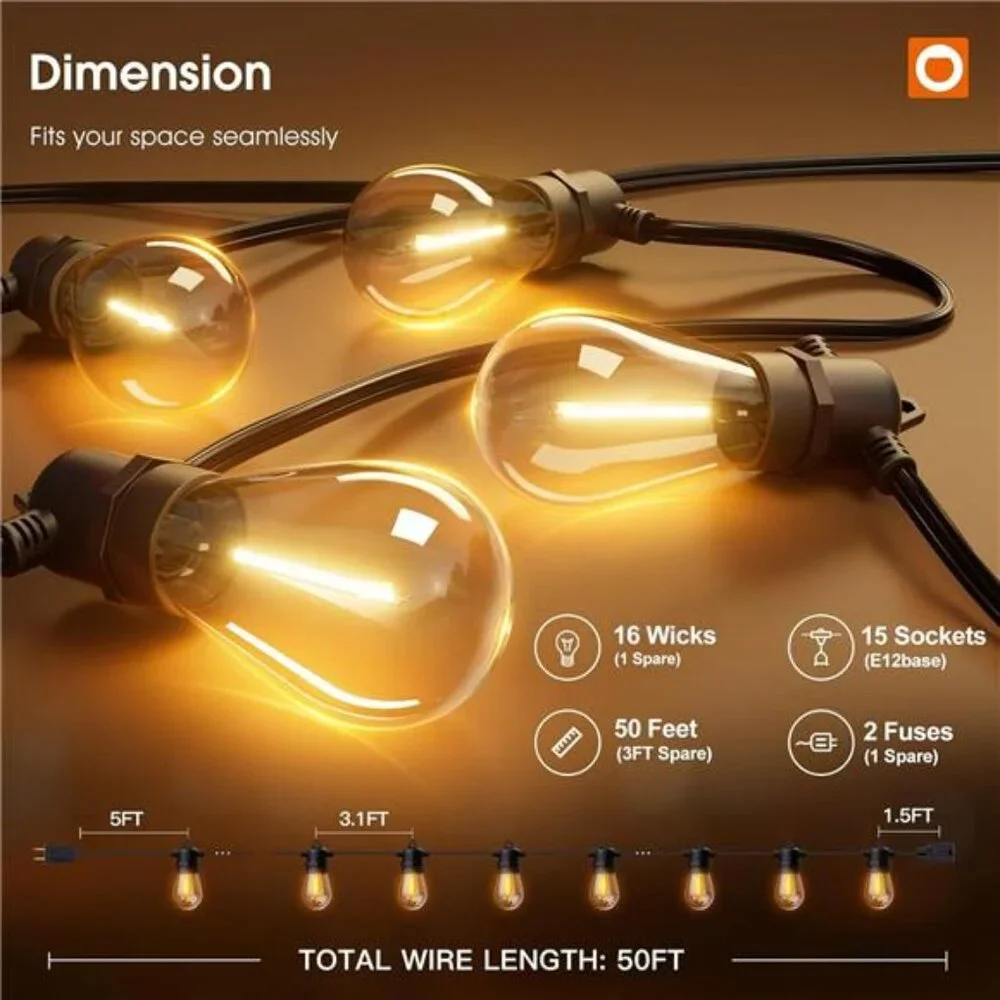 50FT LED Outdoor String Lights with Edison Shatterproof Bulbs, Weatherproof